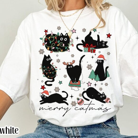 Tops - Christmas Cat Shirt Catmas Meow Christmas Tree Light Tee